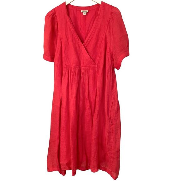 Sundance Women’s Size XL Pink/Orange Coral 100% Linen Midi Dress w/ Pockets - Picture 4 of 14